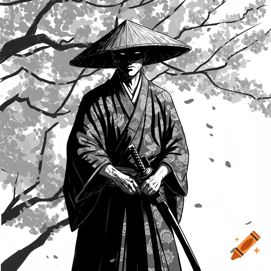 Black and white illustration of a samurai with a katana, wearing a conical hat, standing under a cherry tree.