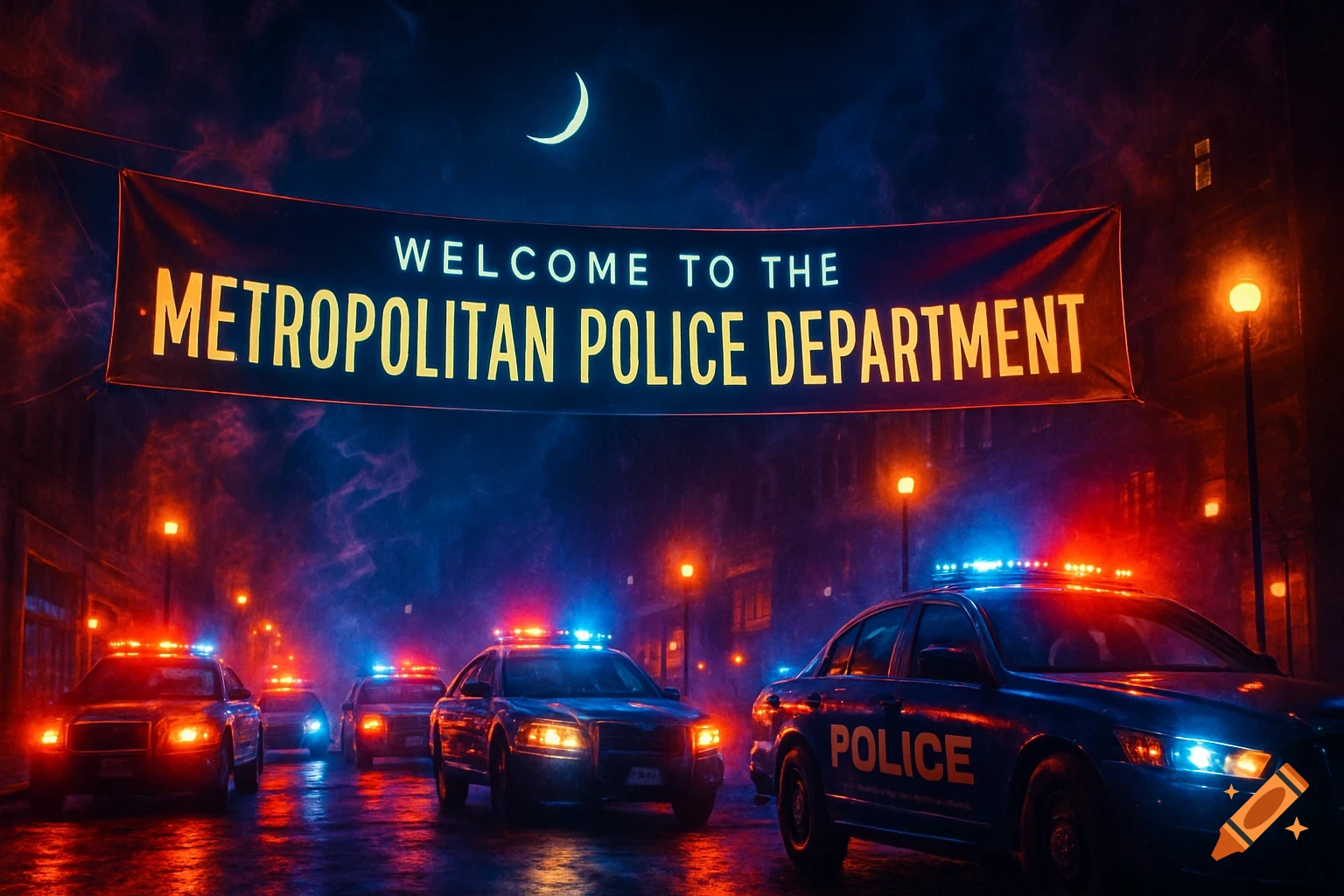 Police cars with flashing lights on a street at night, with a banner saying 'Welcome to the Metropolitan Police Department'.