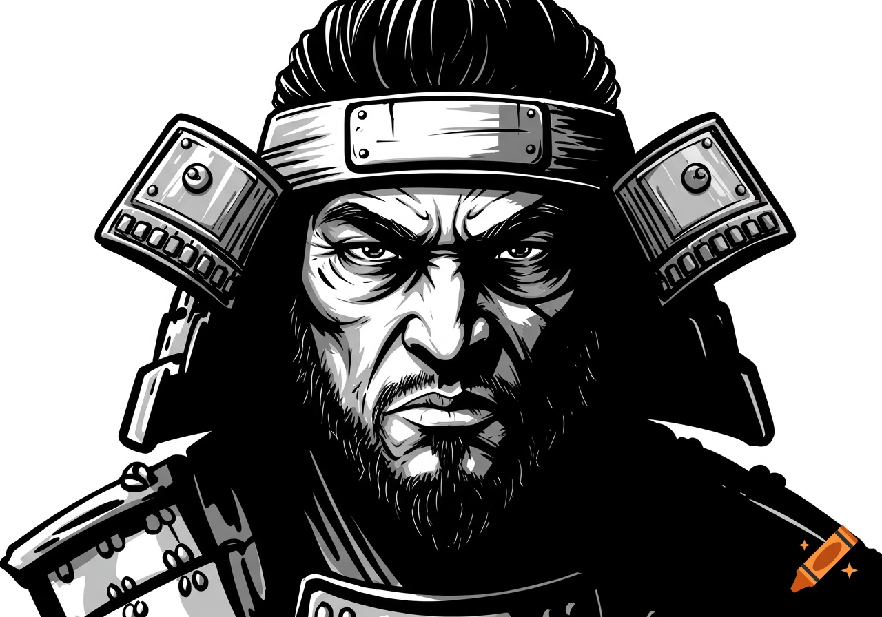 Close-up black and white illustration of an angry samurai warrior's face with a beard and stern expression.