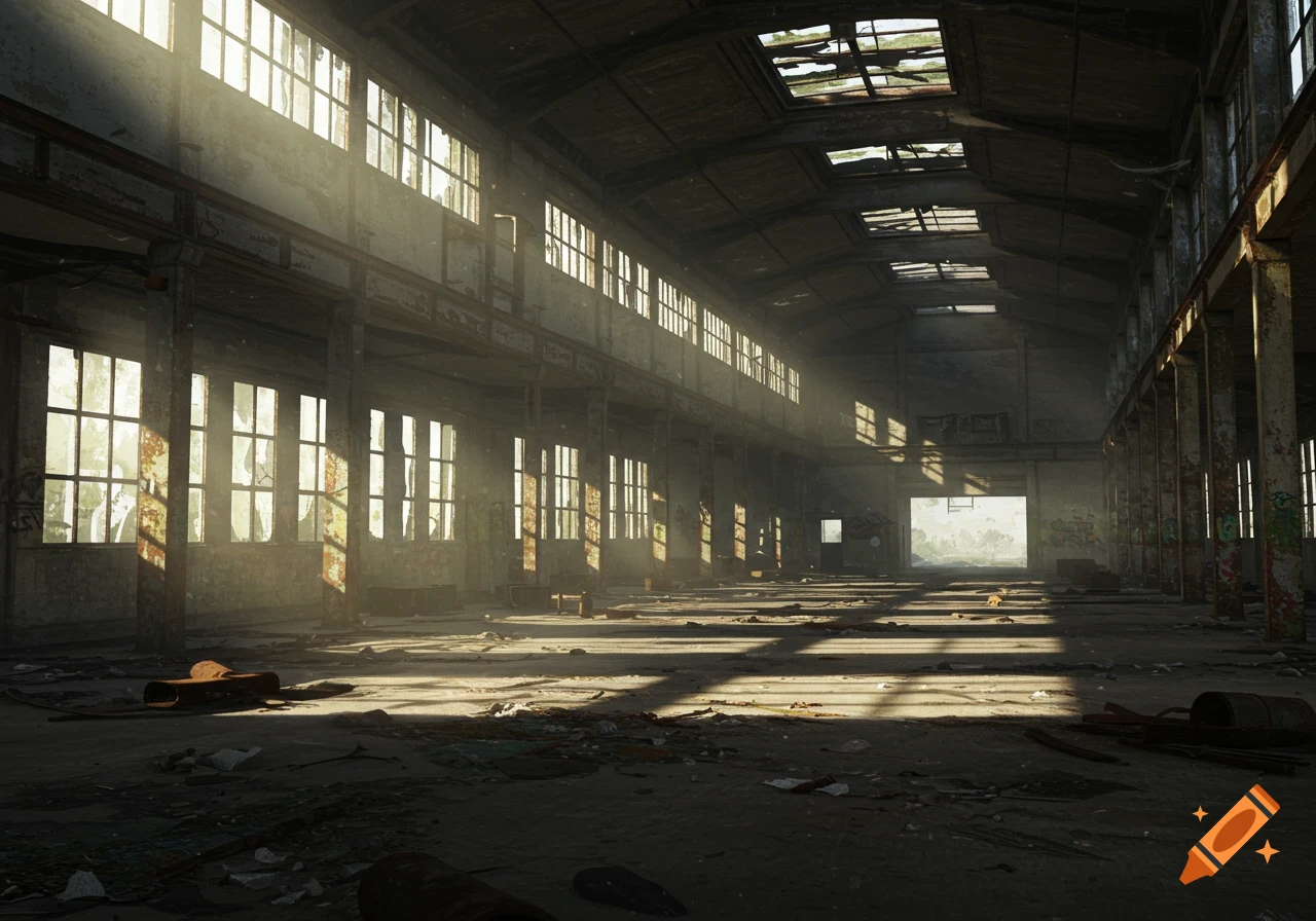 Photorealistic depiction of a dusty, sunlit abandoned factory interior with broken windows and debris on the floor.