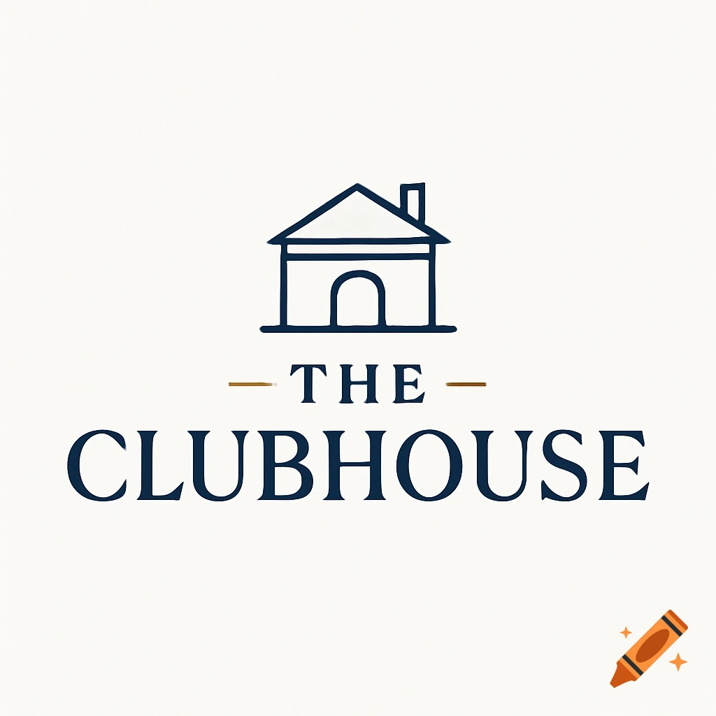 A simple elegant logo with a dark blue outline of a house above the words 'THE CLUBHOUSE' in dark blue, with golden horizontal lines flanking 'THE'.