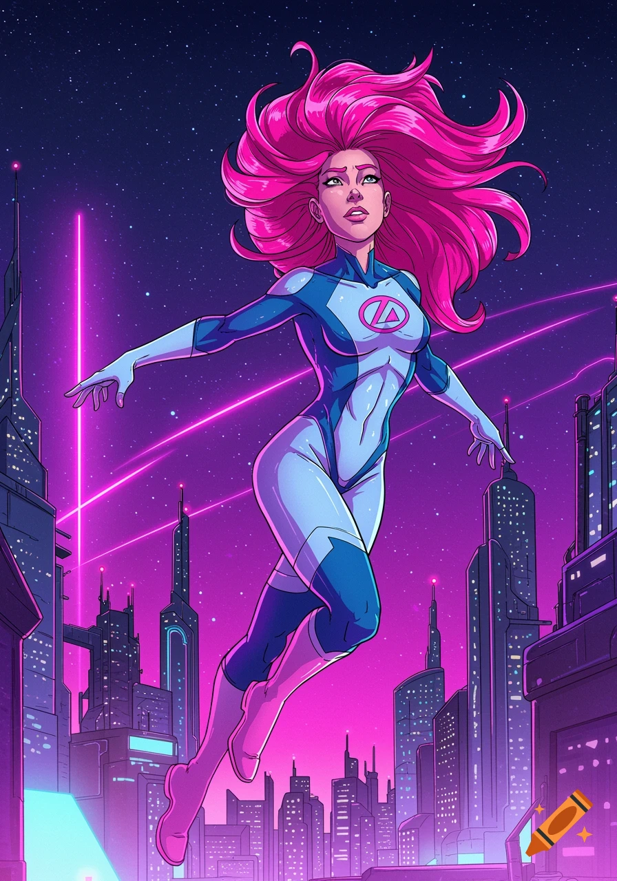 A female superhero with bright pink hair and a blue and white suit, flying over a futuristic city in a comic art style.