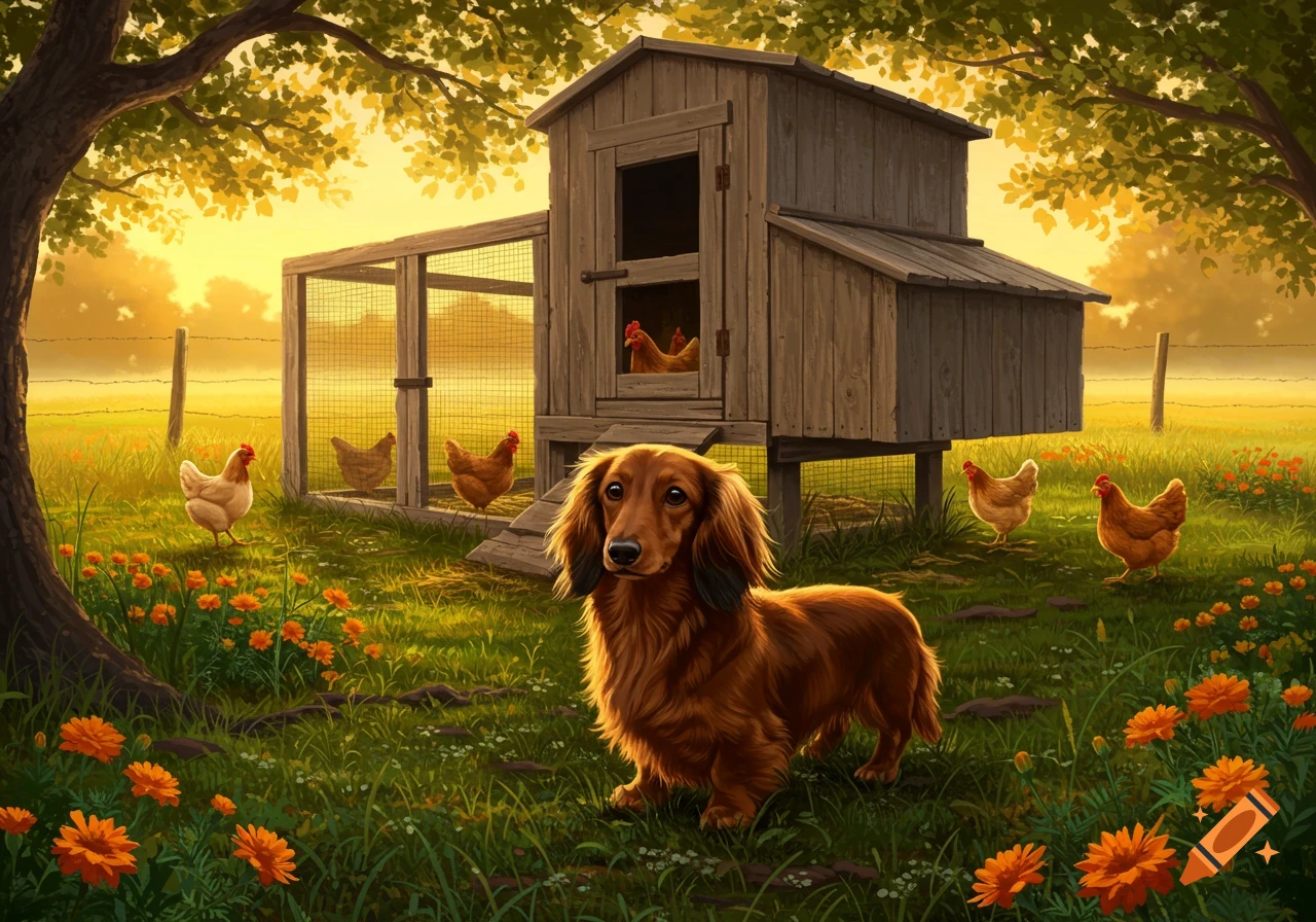 A long-haired miniature dachshund stands in a grassy field with chickens and a coop, under a warm sunset.
