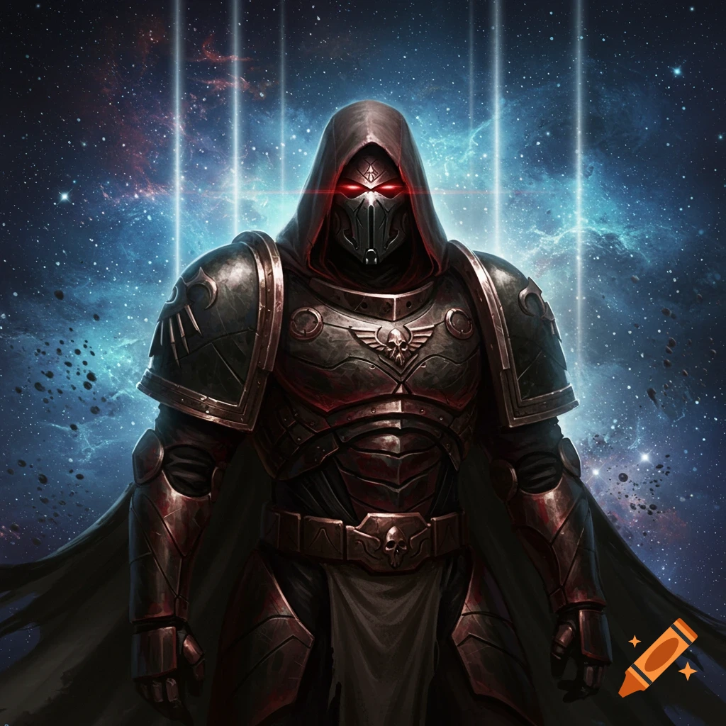 A hooded space marine in dark red and black power armor with glowing red eyes stands against a cosmic background.