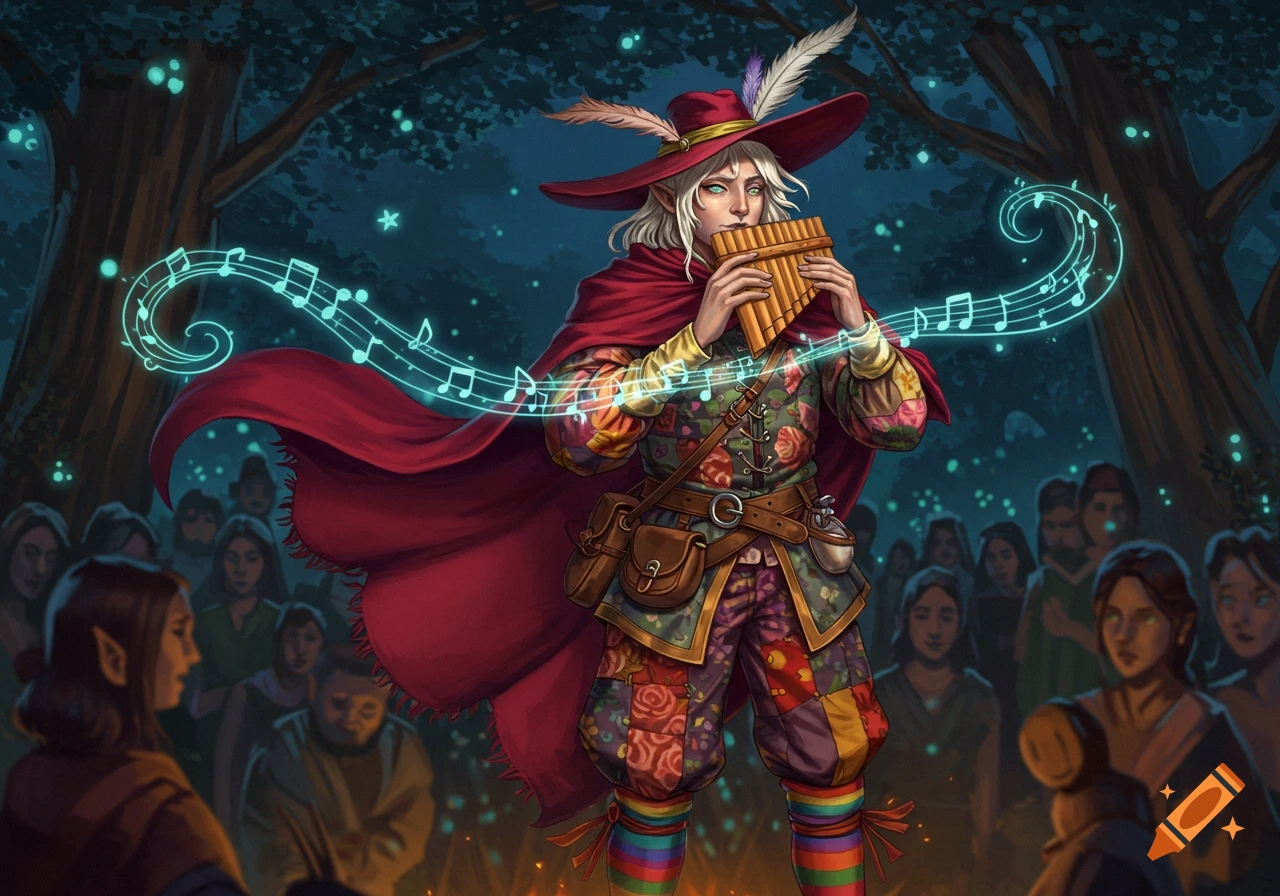 An aasimar bard with long white hair and a red hat plays a panflute, surrounded by glowing musical notes and an audience in a dark forest setting.