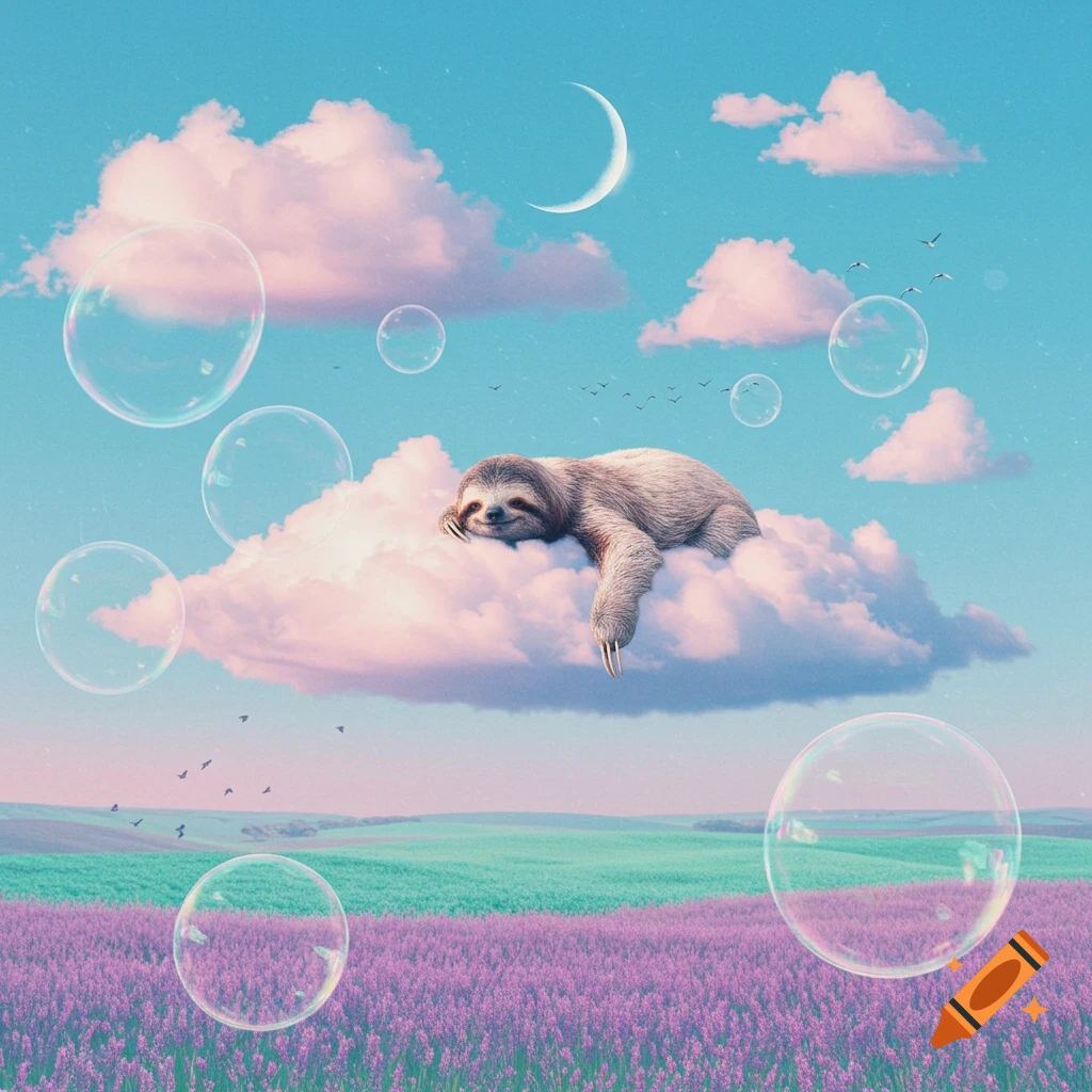 A whimsical sloth sleeps on a pink cloud in a dreamy sky with bubbles, a crescent moon, and a lavender field.
