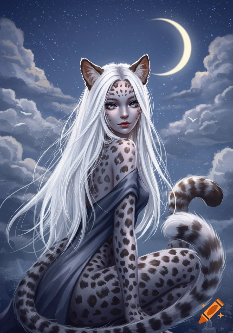 A white-haired female character with leopard spots, ears, and tail sits under a crescent moon in a cloudy night sky.