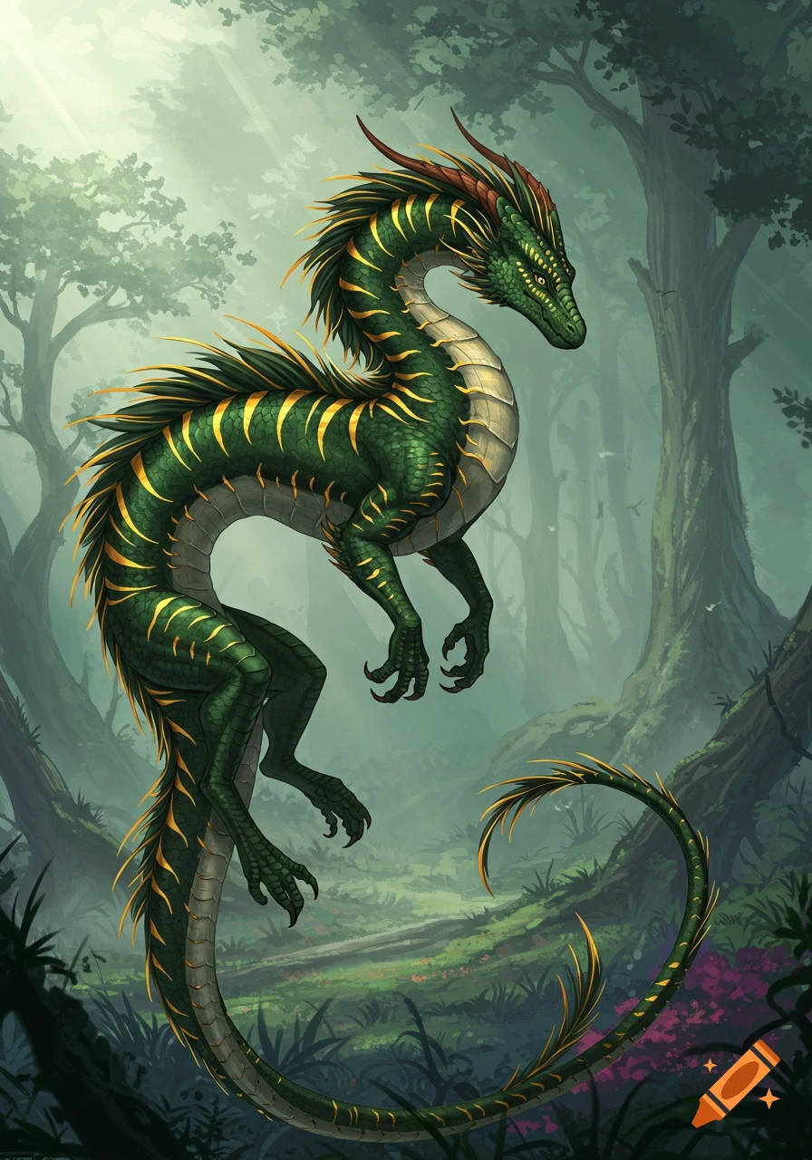 A vibrant green dragon with striking gold stripes stands amidst a mystical, misty forest.