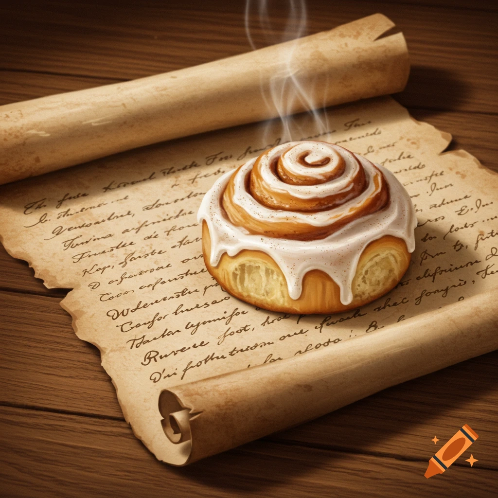A warm cinnamon roll with white icing on an old scroll with illegible text, on a wooden table.