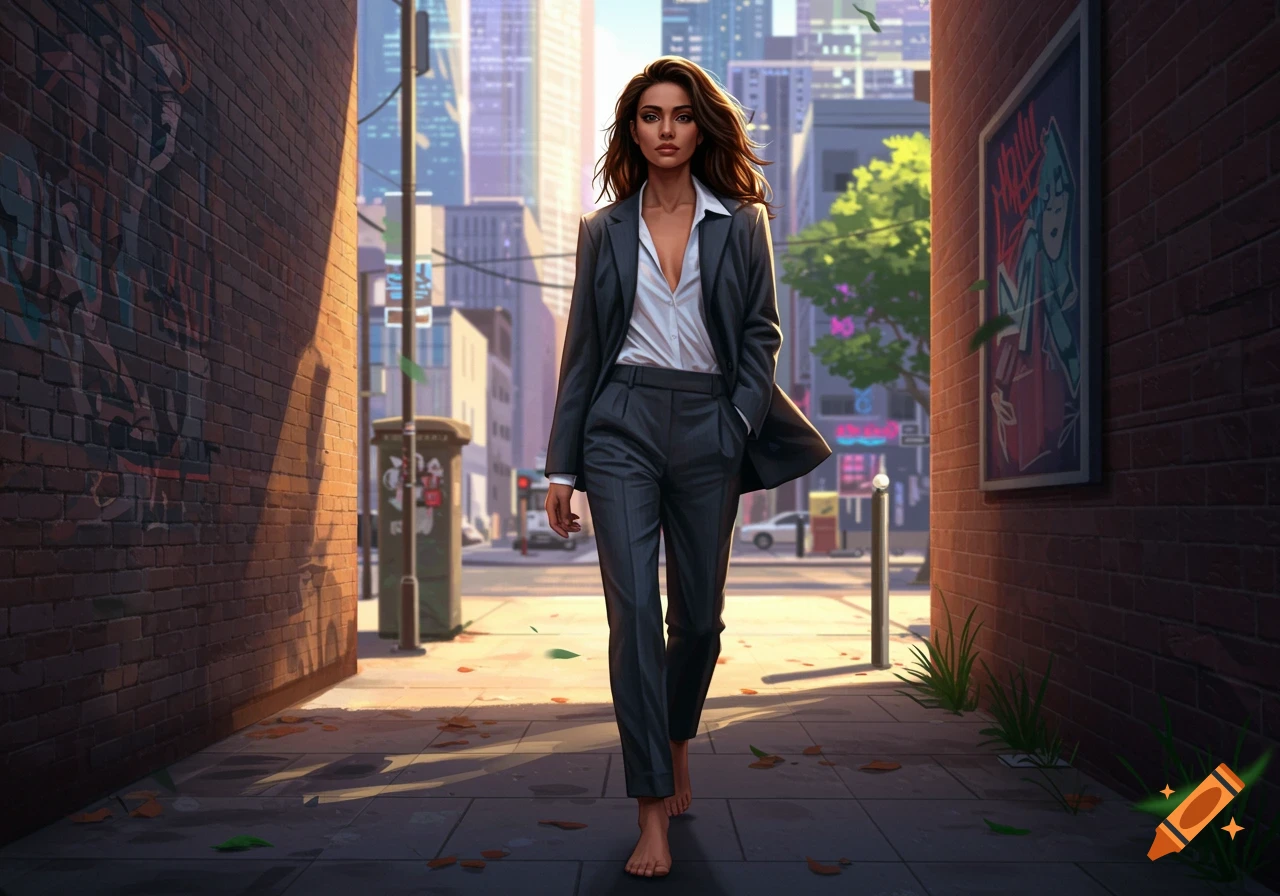 A confident brunette woman in a suit walks barefoot down a sunlit city street, digital art.