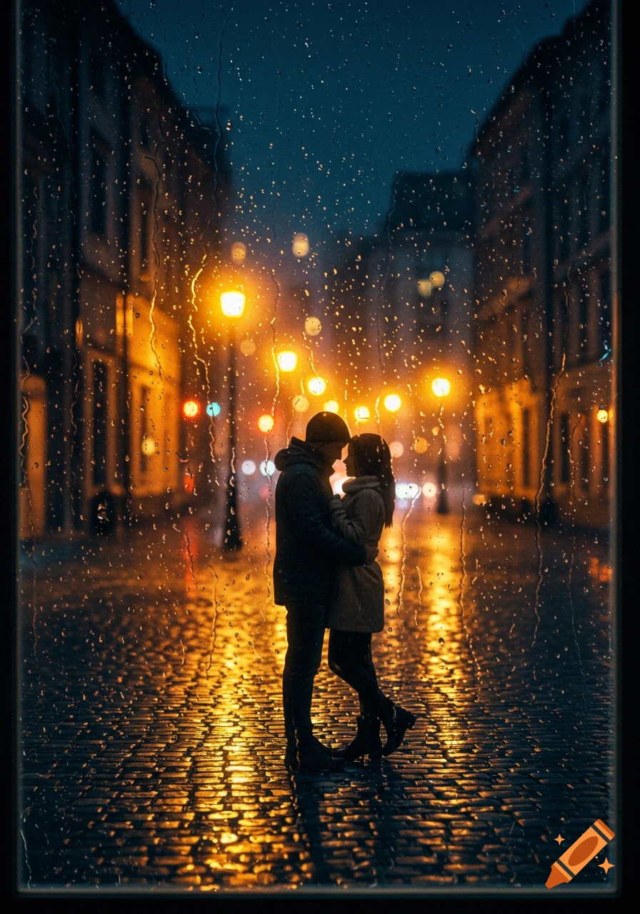 A couple embraces on a rain-slicked city street at night, viewed through a wet window, with streetlights glowing.