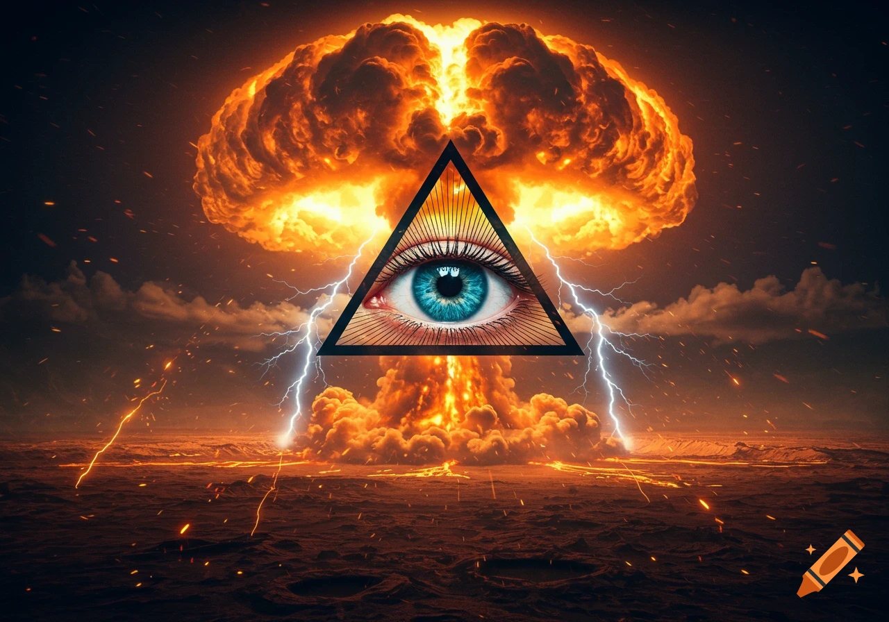 The Eye of Providence symbol is centered over a massive nuclear explosion, with lightning striking a fiery, desolate landscape.