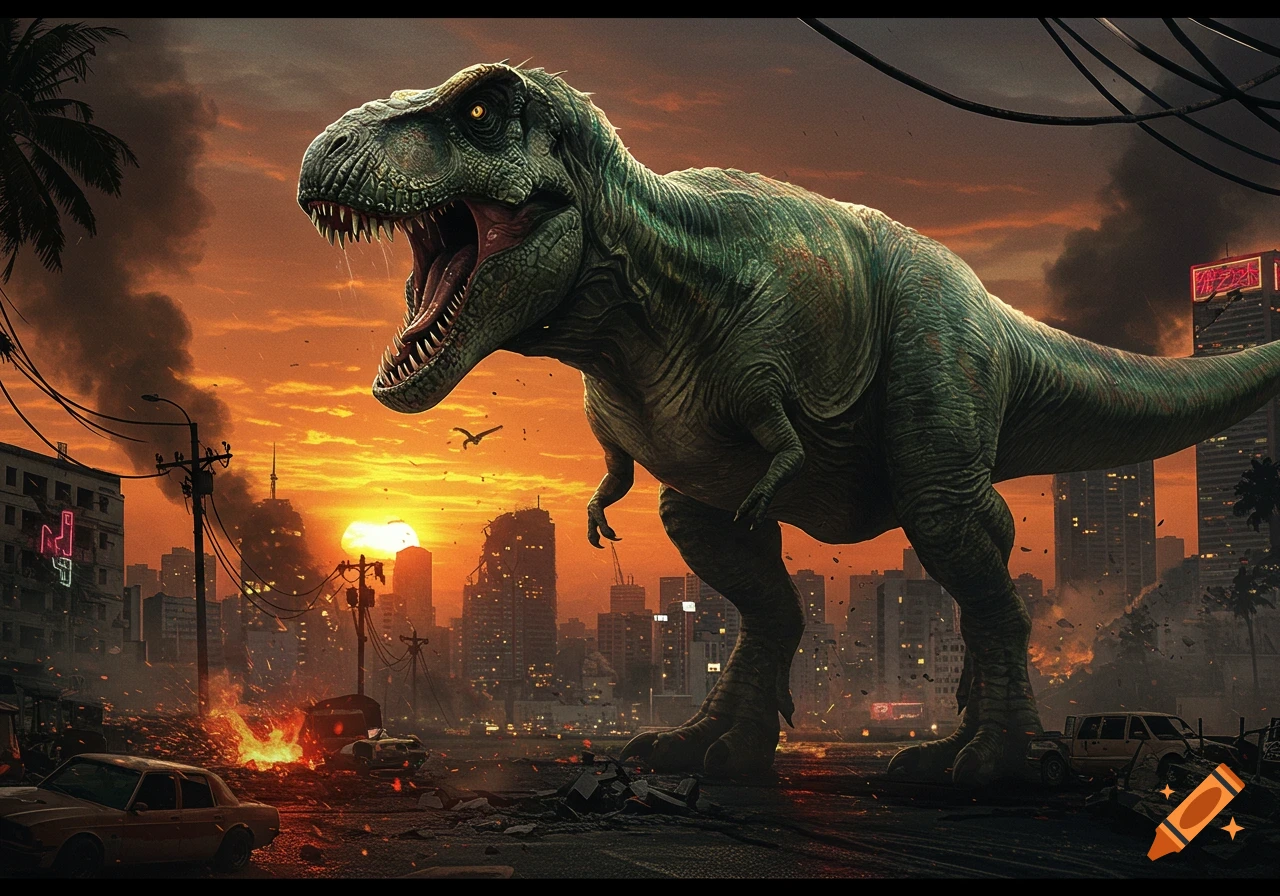 A giant green T-Rex roars amidst a burning, ruined city at sunset, with smoke rising from damaged buildings.
