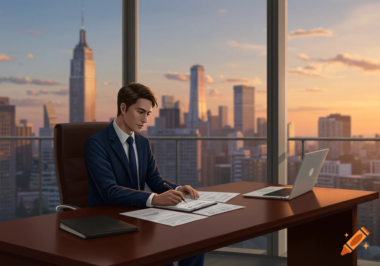 A man in a suit sits at a desk in a high-rise office, looking down at documents and writing, with a city skyline at sunset visible outside the window.