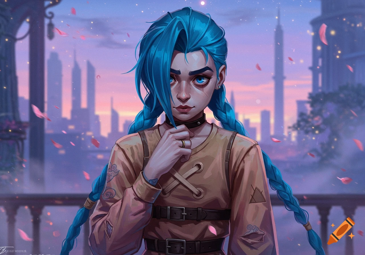 Stylized portrait of Powder/Jinx from Arcane with blue hair and braids, standing on a balcony overlooking a city at dusk.