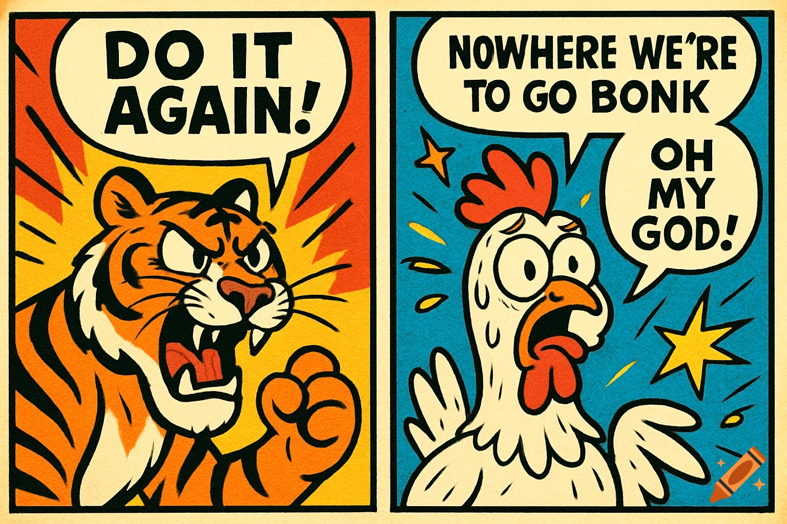 A comic panel features an angry tiger saying "DO IT AGAIN!" and a scared chicken saying "NOWHERE WE'RE TO GO BONK" and "OH MY GOD!".