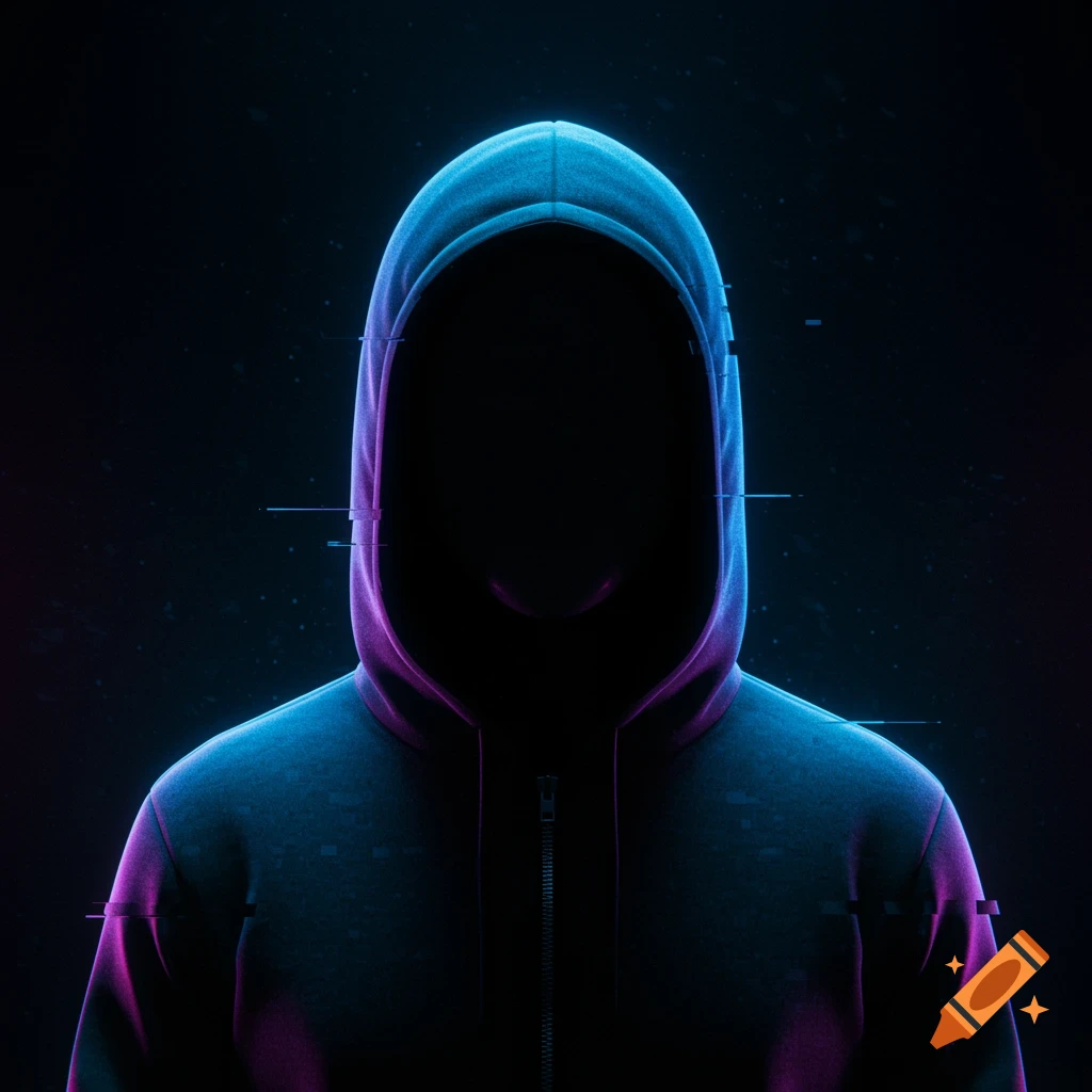 A faceless figure in a neon-lit hoodie with blue and magenta light, digital glitch effects, and a dark background, in a cyberpunk style.