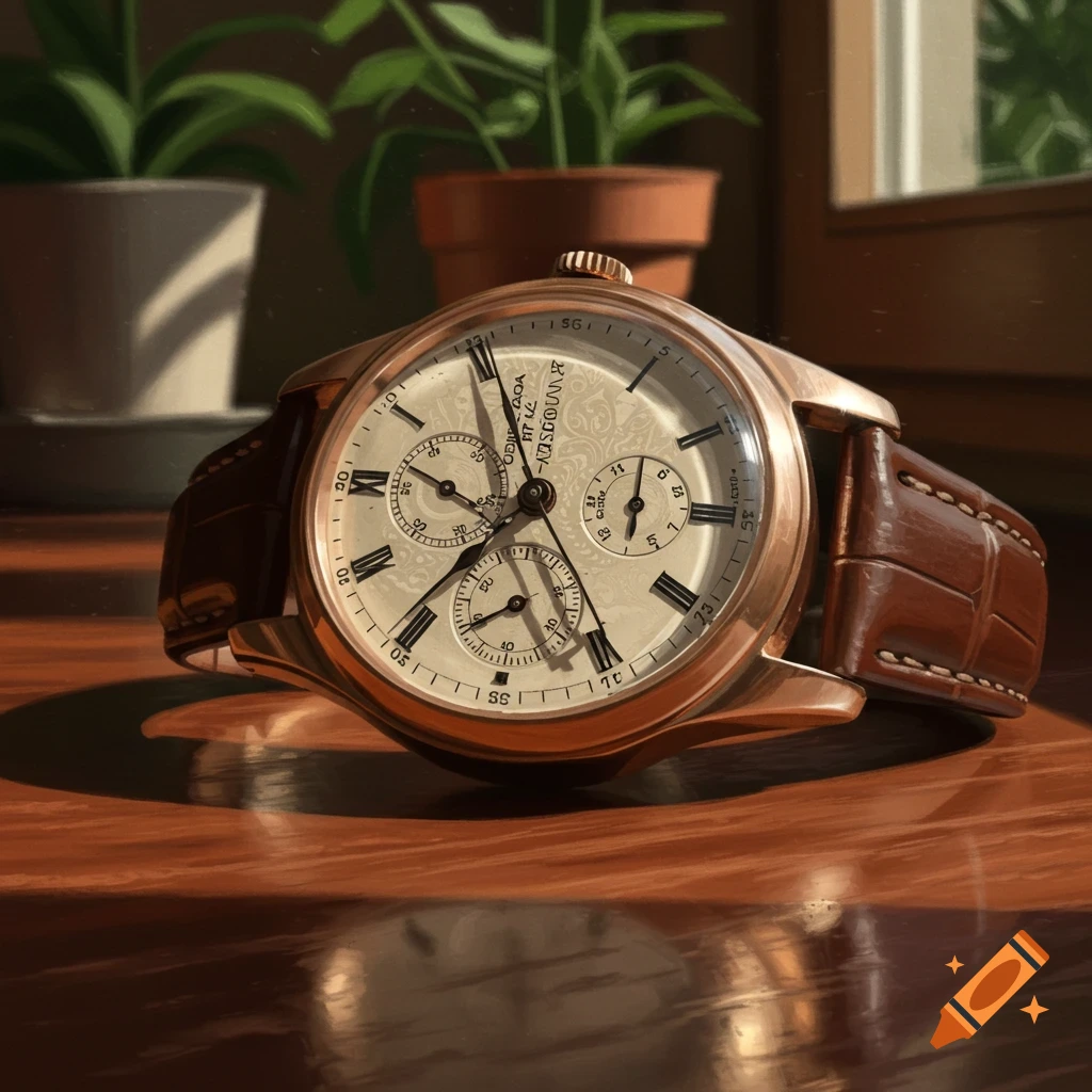 A close-up of a rose gold analog watch with a brown leather strap, sitting on a polished wooden table. Potted plants are blurred in the background.