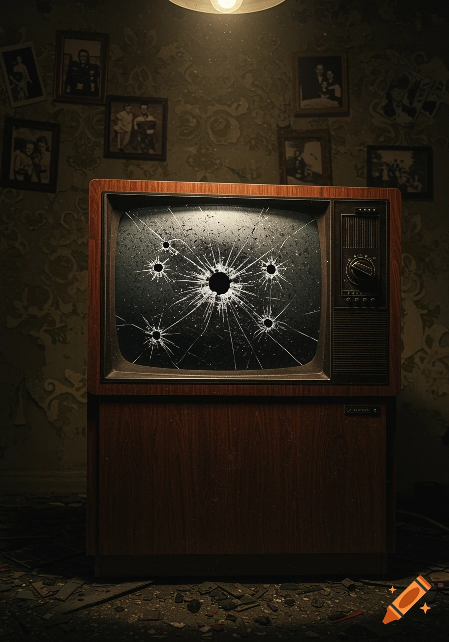 A vintage wooden television with a shattered screen and multiple bullet holes sits in a dimly lit, dilapidated room.