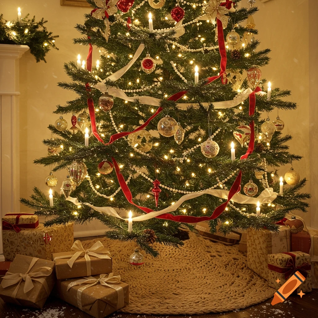 A beautifully decorated Christmas tree adorned with lights, ornaments, red ribbons, and glowing candles, surrounded by wrapped gifts.