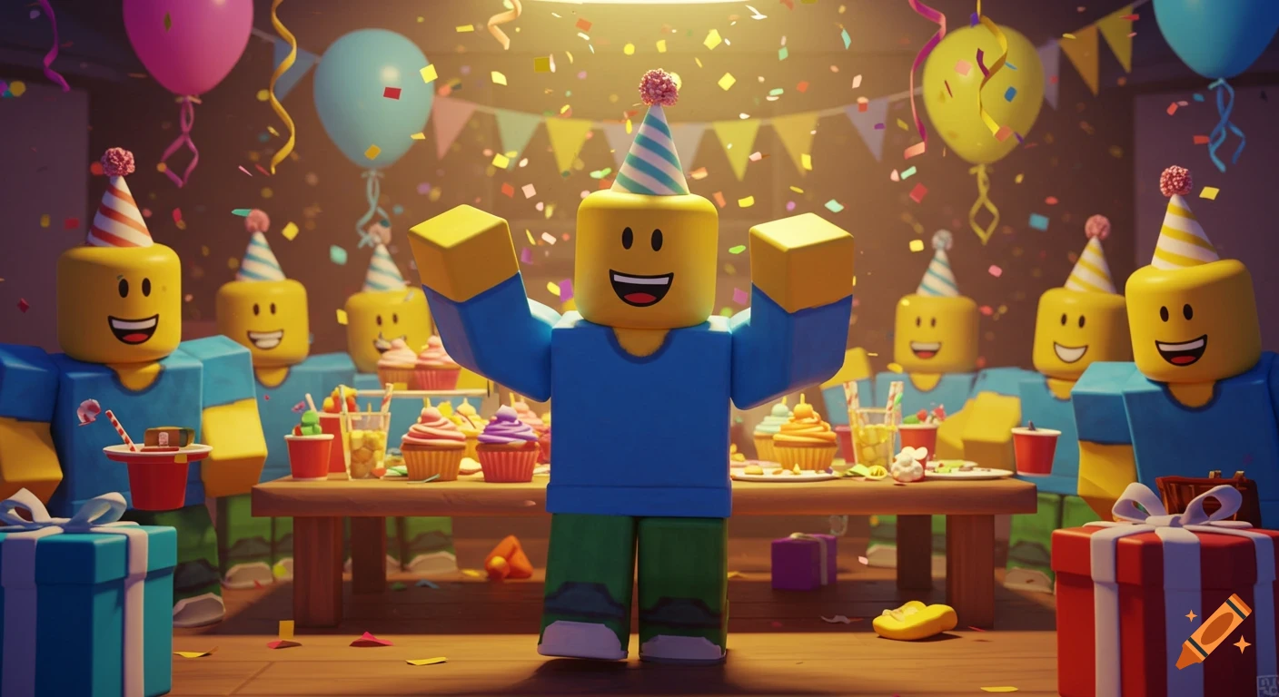 Roblox noob characters celebrate at a birthday party with balloons, confetti, cupcakes, and presents in a 3D style.