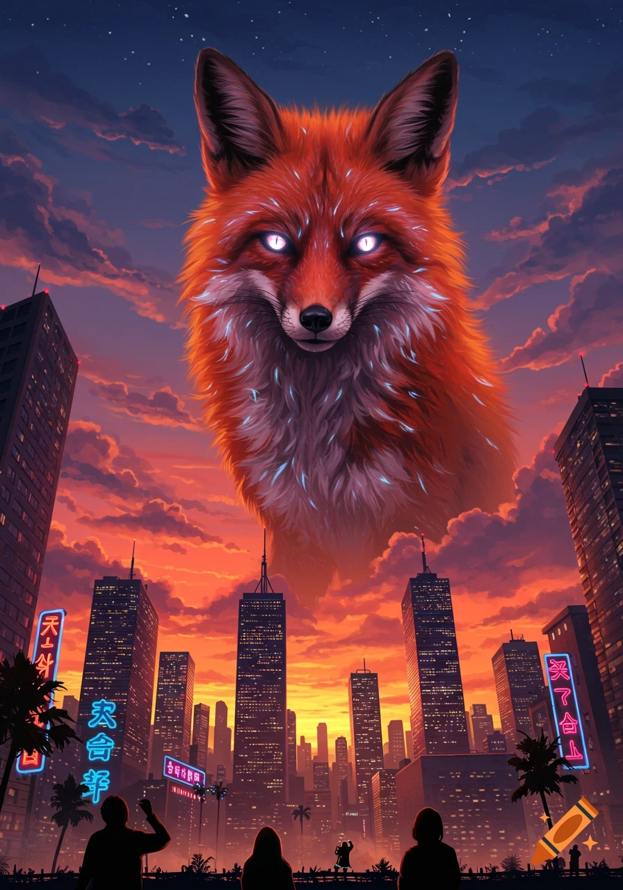A massive, glowing-eyed red fox floats over a futuristic cityscape at sunset, with neon signs lighting the streets.