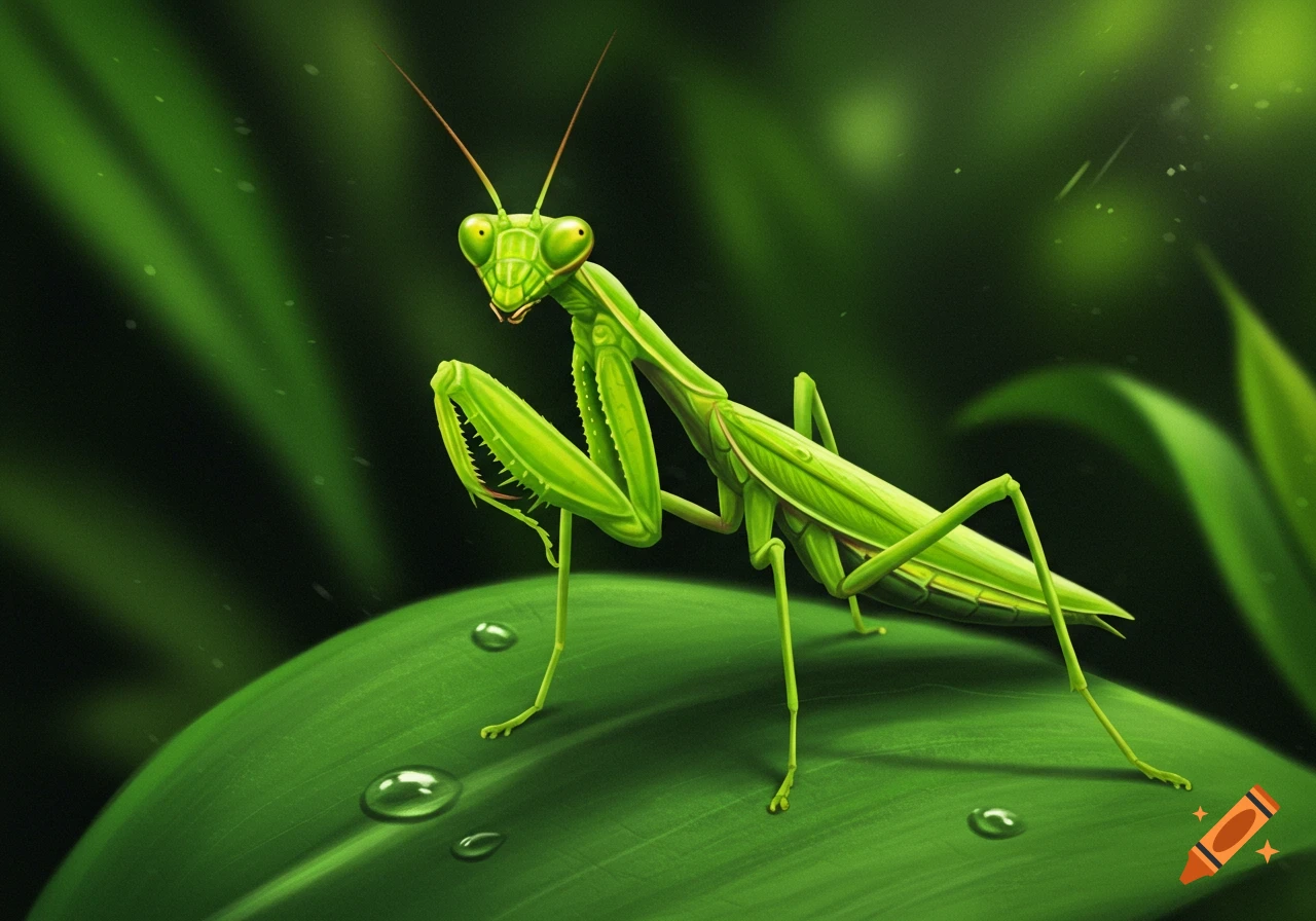 A vibrant green praying mantis sits on a large green leaf with water droplets, against a dark green background.