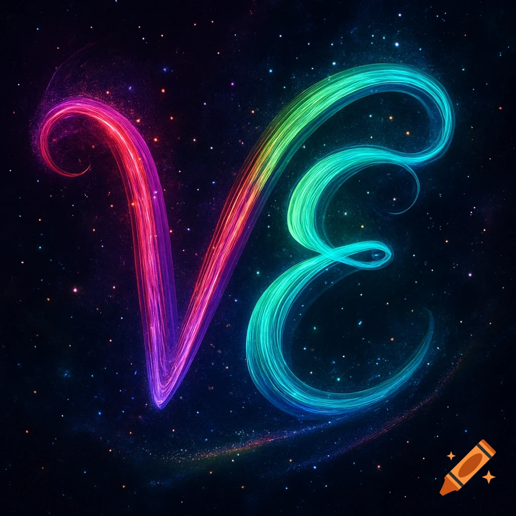 Glowing, colorful V and E letters shimmer against a dark, starry cosmic background.
