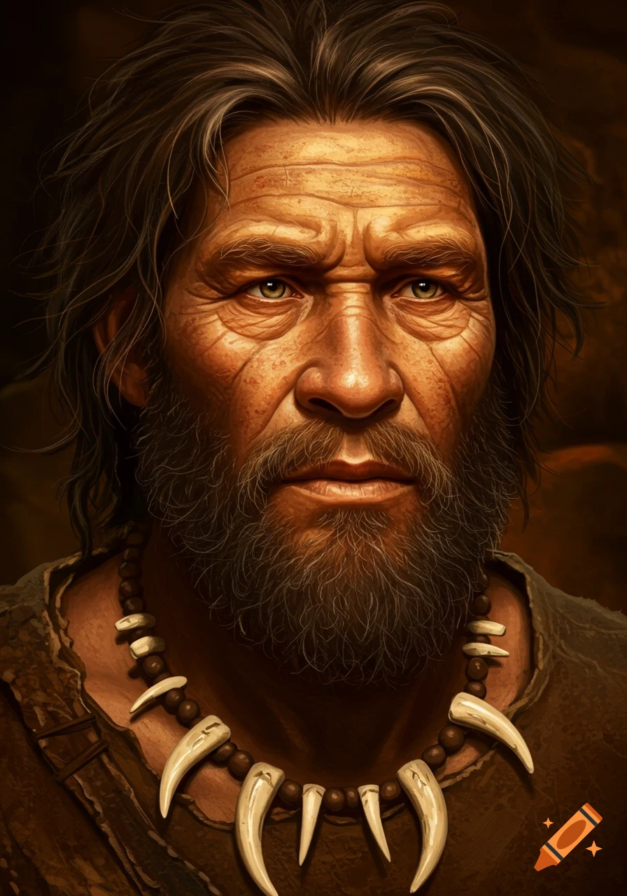 A detailed portrait of a Stone Age man with a weathered face, long hair, a full beard, and a fanged necklace.