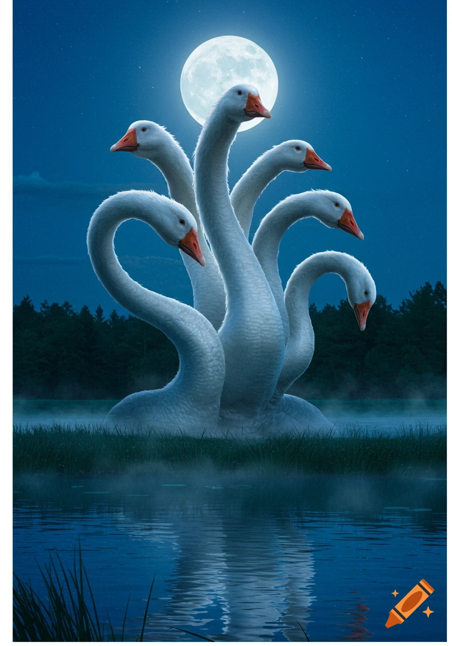 A mythical multi-headed white goose creature rises from misty water under a bright full moon at night, with a dark forest behind it.