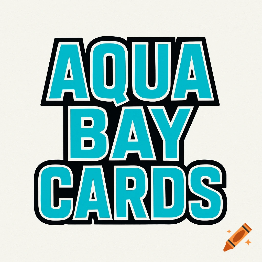 Aqua Bay Cards logo with aqua text, white outline, and thick black border on an off-white background.
