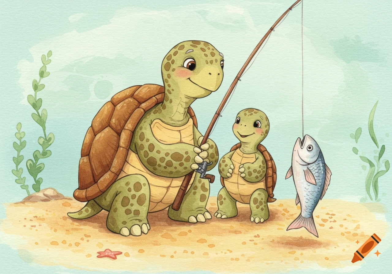 A whimsical watercolor illustration of a grandpa turtle and baby turtle fishing together, lifting a fish on a rod.
