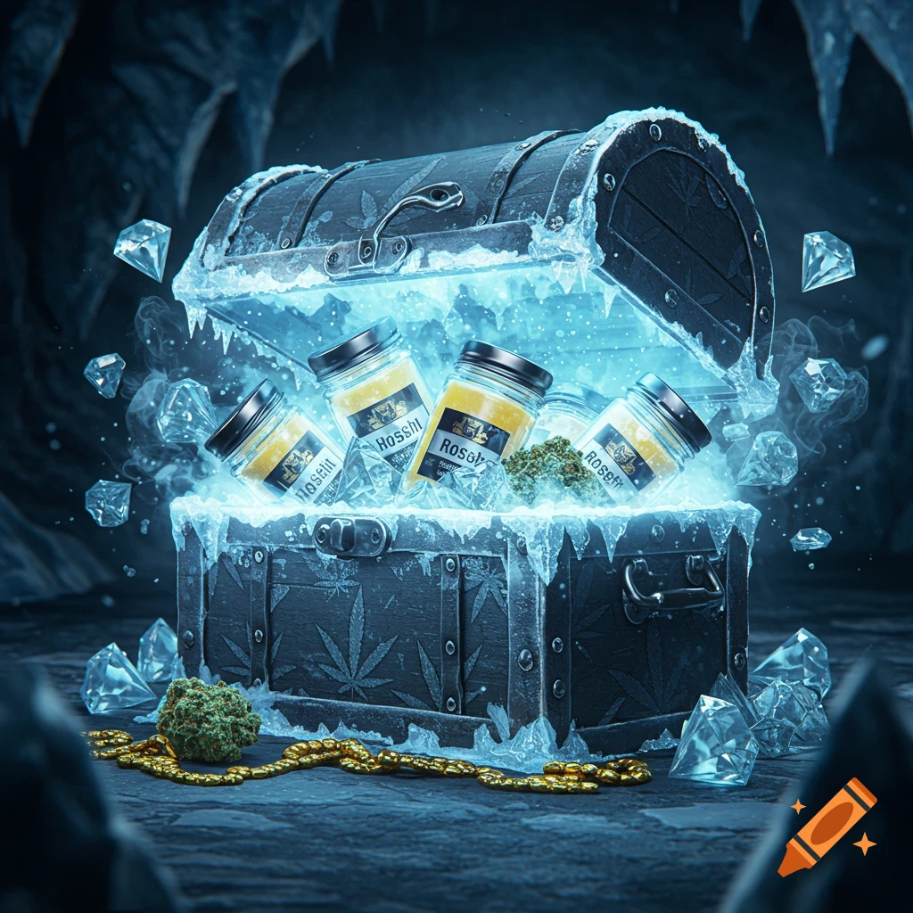 A stylized treasure chest, covered in ice and glowing blue light, opens to reveal jars of hash rosin, cannabis diamonds, and a gold chain, set in a frozen cave.