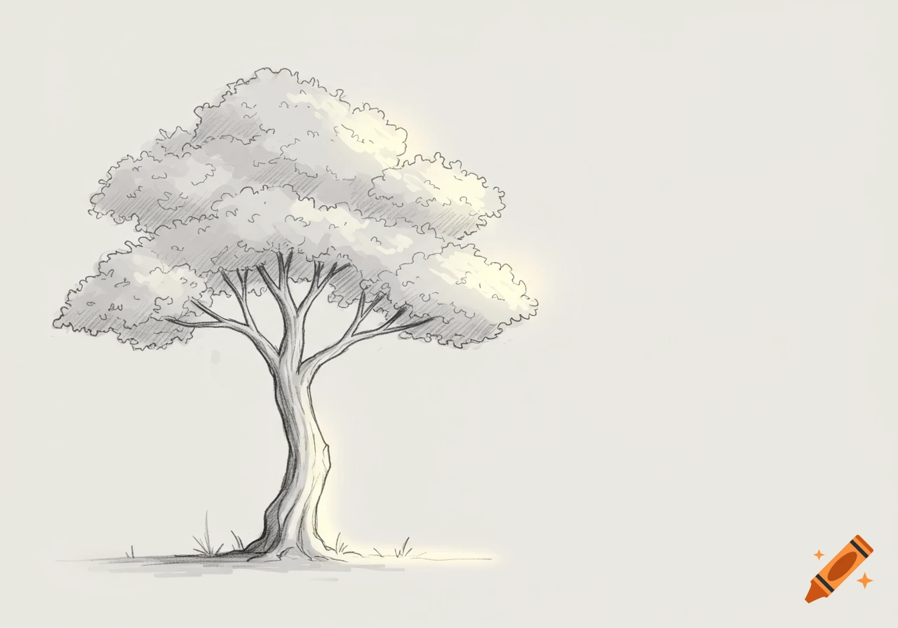 A stylized pencil sketch of a leafy tree with glowing light effects on a light background.