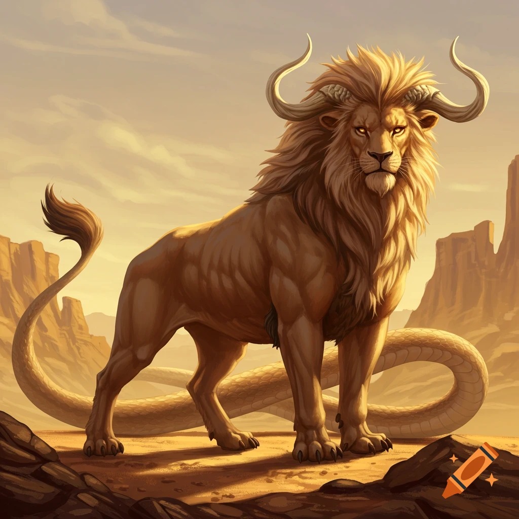 A golden lion-serpent-bull chimera with a powerful mane and curved horns stands in a desert landscape.