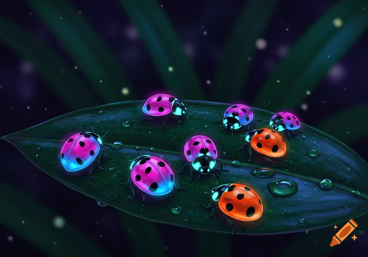 A close-up, stylized image of multiple glowing neon pink and orange ladybugs on a dark green leaf with water droplets, set against a dark, blurry background with faint light specks.