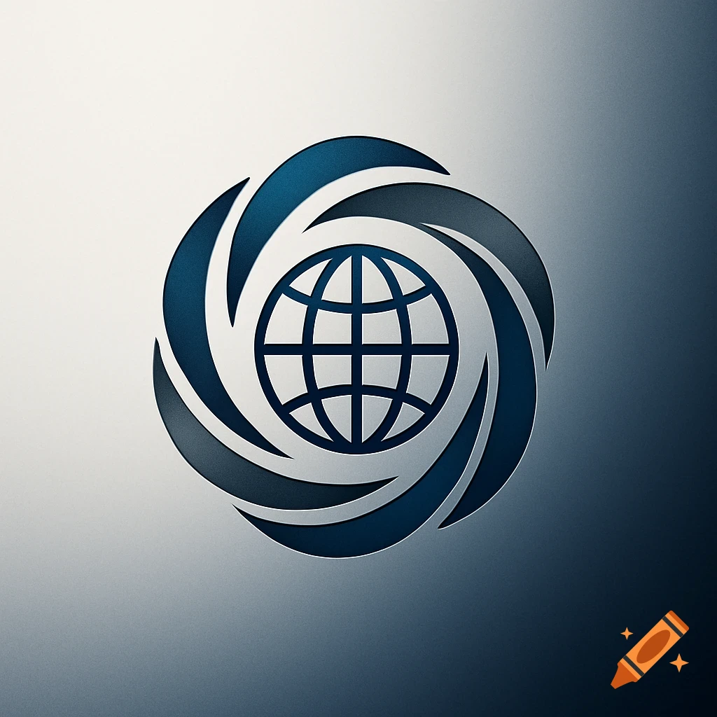 A stylized blue and gray logo featuring a globe surrounded by swirling abstract shapes on a gradient background.