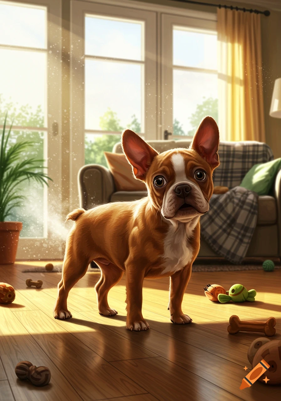 A cute Boston Terrier puppy stands on a sunlit wooden floor in a living room, surrounded by dog toys.