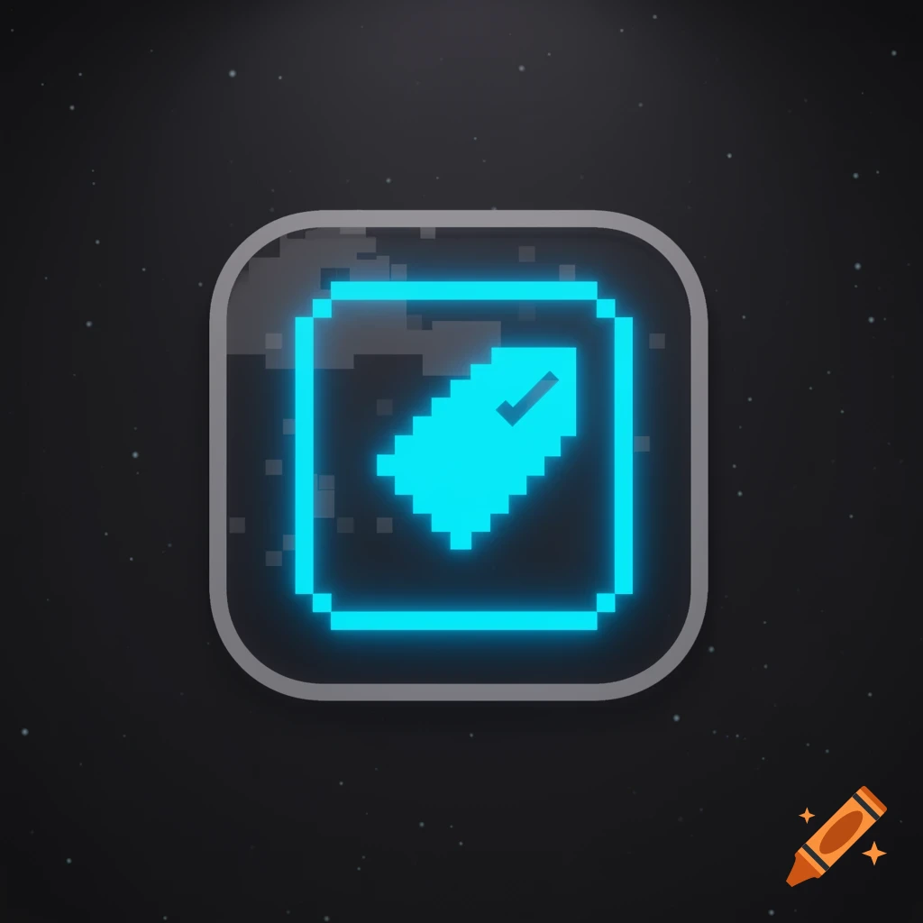 Pixelated neon blue icon of a projectile with a checkmark, on a dark background.