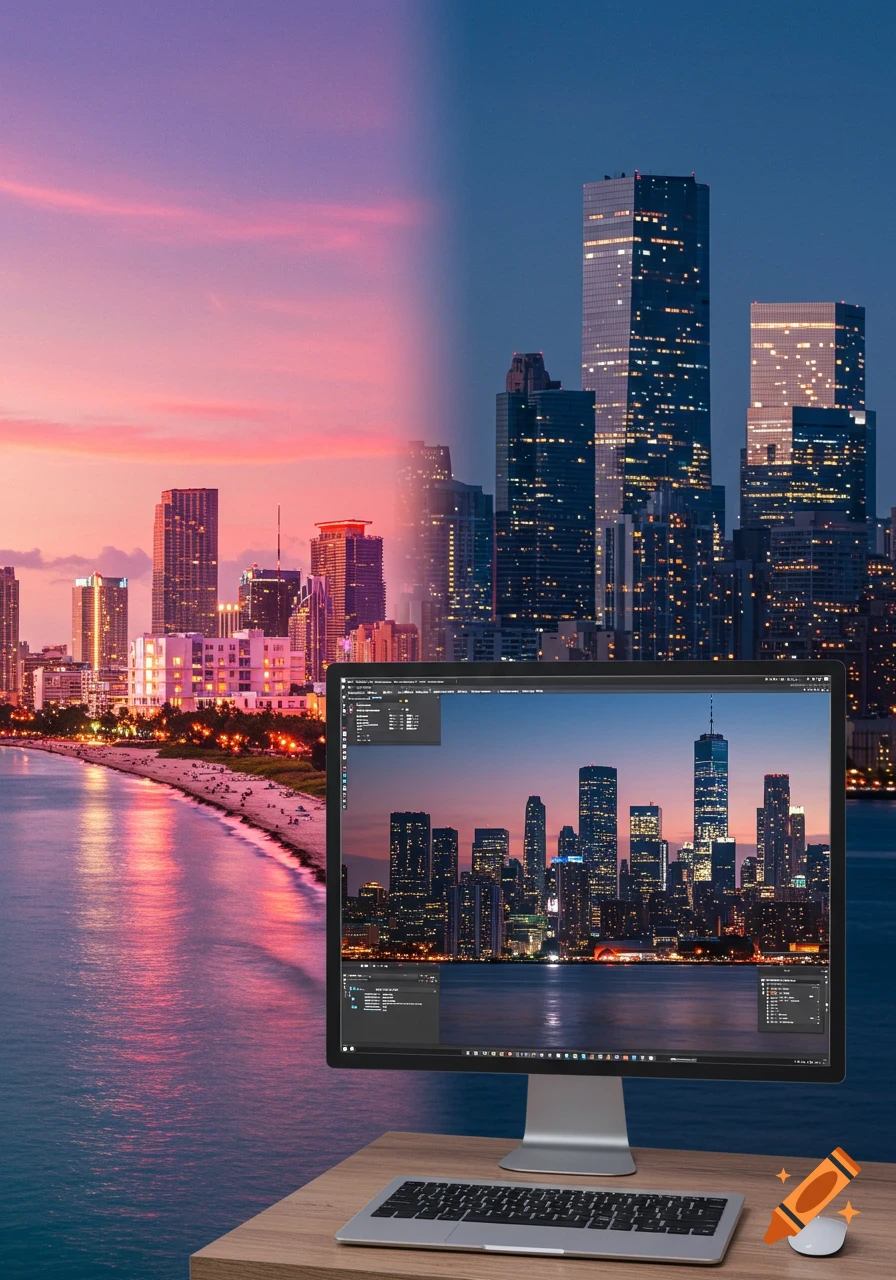 A split image showing the Miami skyline at sunset on the left, and a computer monitor displaying the Manhattan skyline at night on a desk on the right.