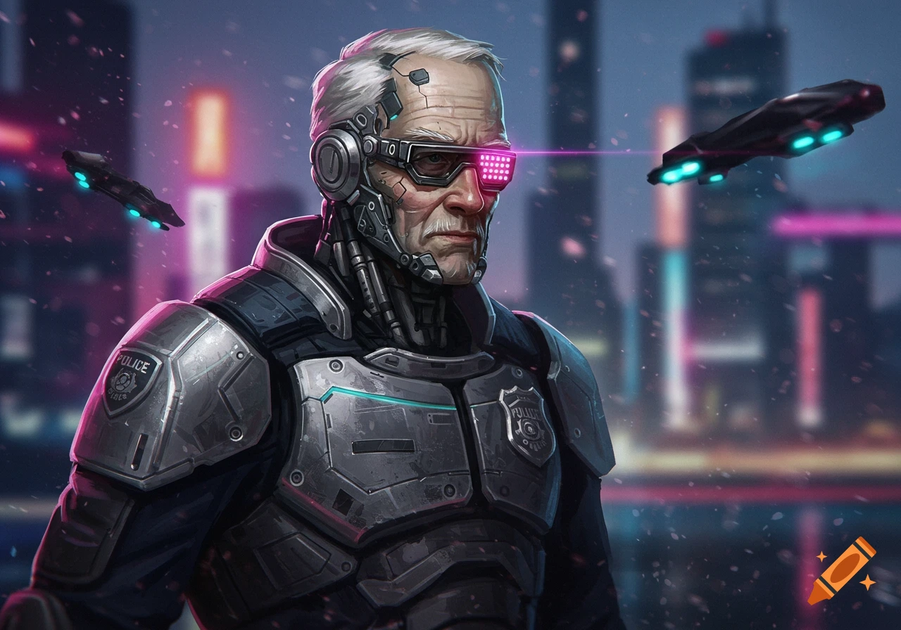 An old cyborg police officer with grey hair and cybernetic enhancements stares forward in a neon-lit cyberpunk city at night, with flying vehicles in the background.
