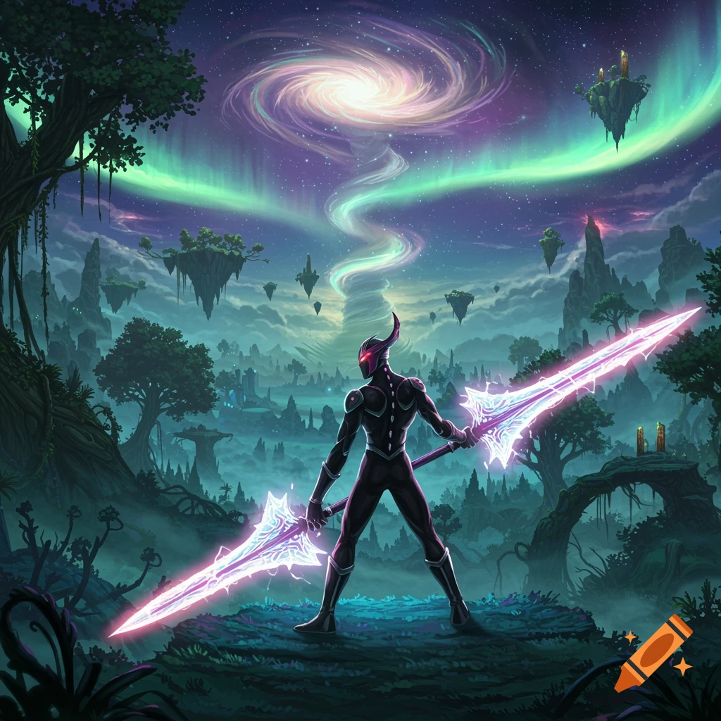A horned warrior in dark armor holds two glowing purple spears in a vibrant fantasy landscape under a swirling galaxy and aurora.