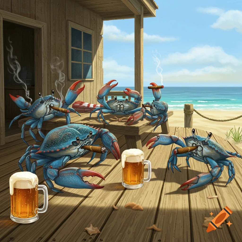 Cartoon blue crabs smoking cigars and drinking beer on a wooden deck overlooking a sunny beach.