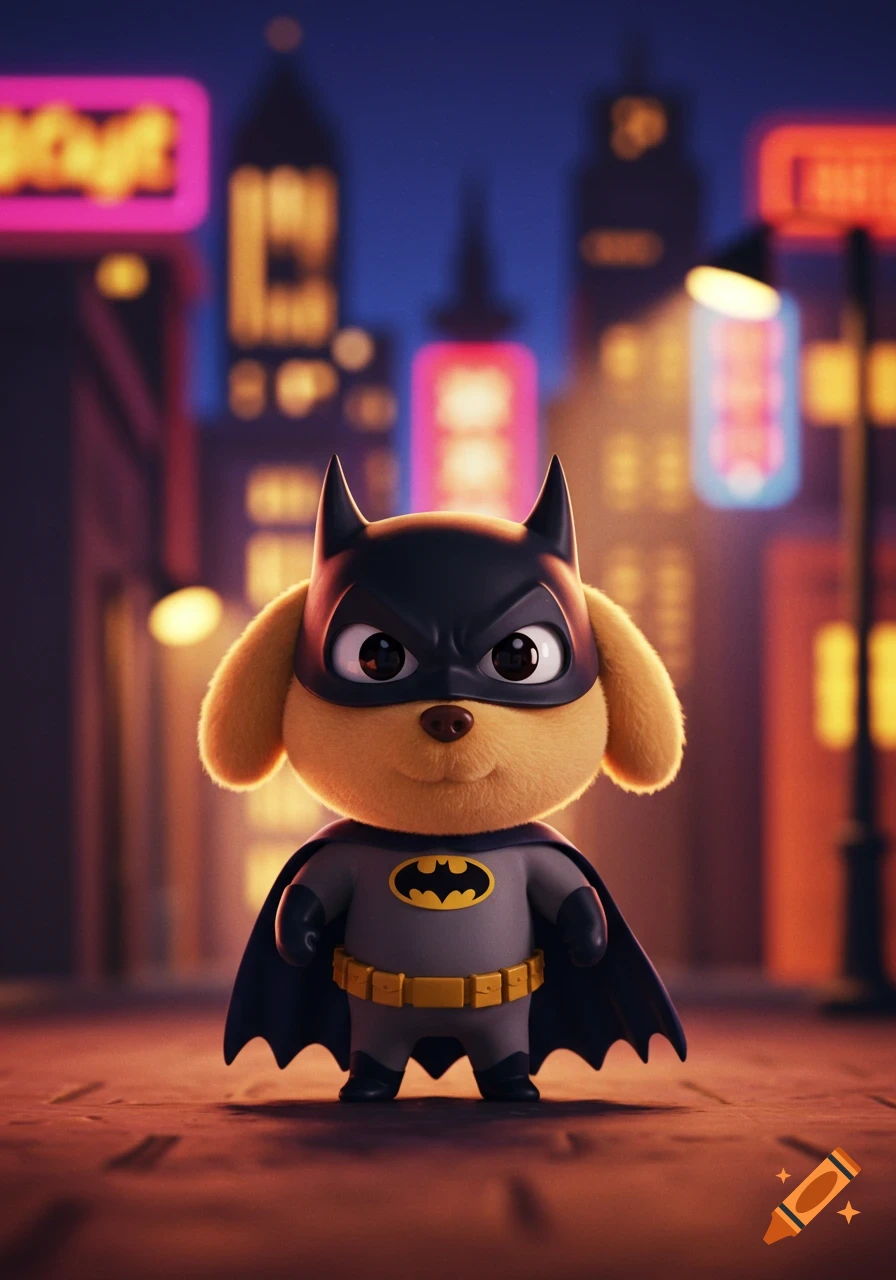 A cute, fluffy brown dog wearing a gray Batman suit and cowl stands on a city street at night, with blurred neon lights in the background.