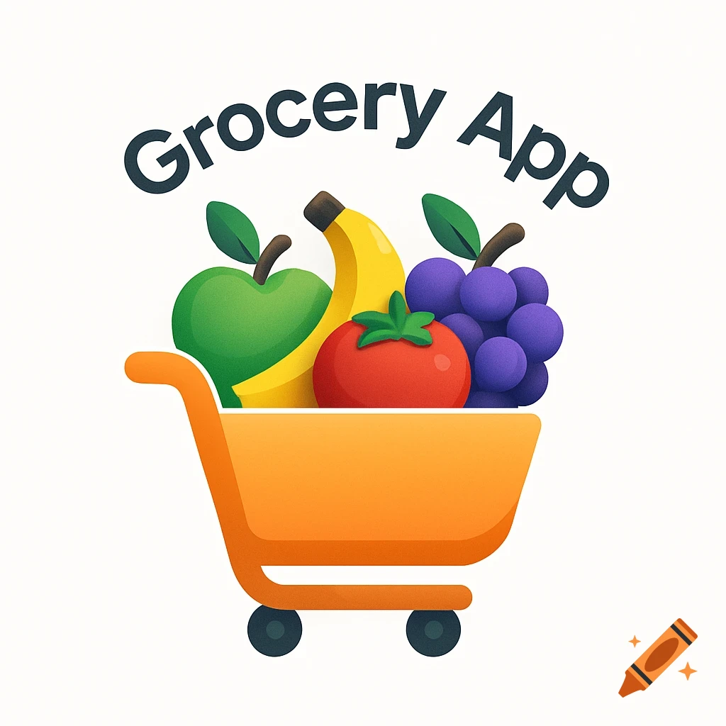 An illustration of an orange grocery cart filled with a green apple, banana, tomato, and purple grapes, with the words "Grocery App" written above it.