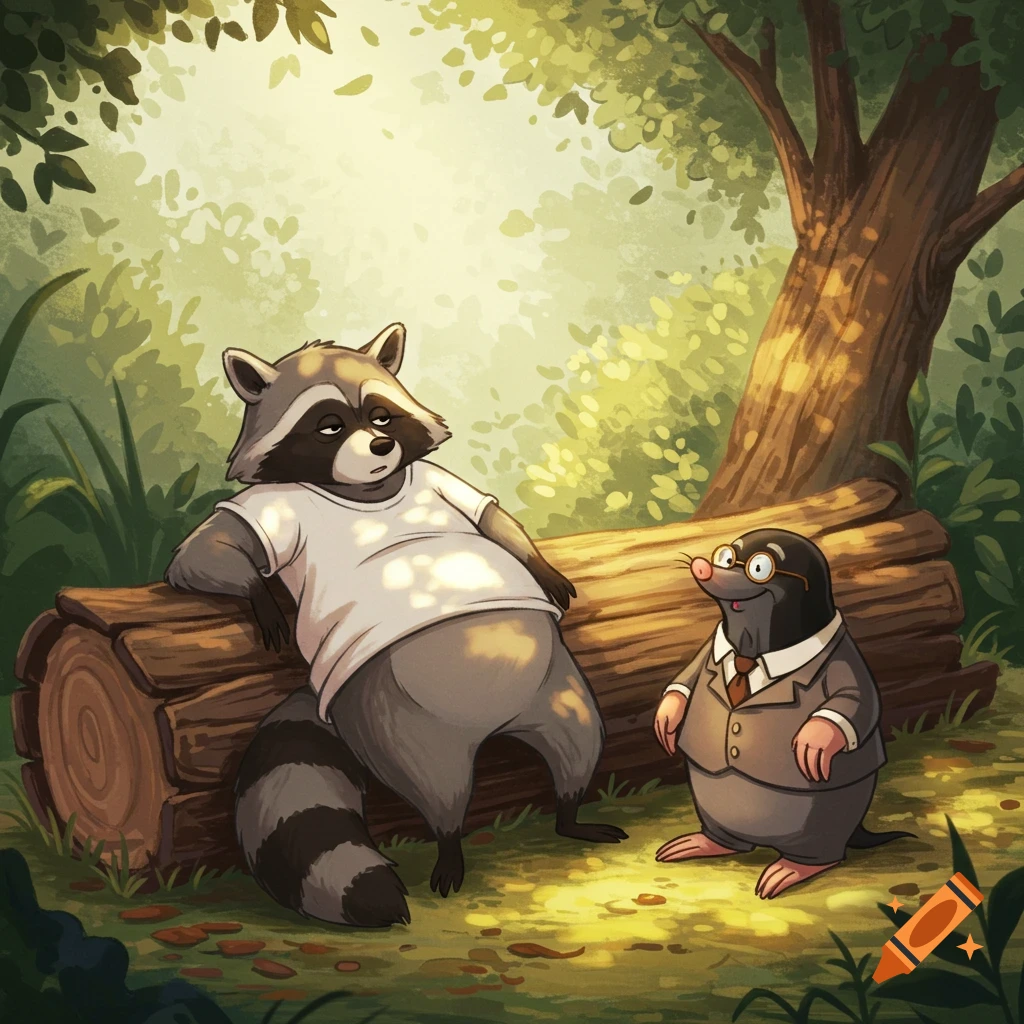 A cartoon raccoon in a white t-shirt leans on a log next to a mole in a suit, both in a sunny forest clearing. Animated style.