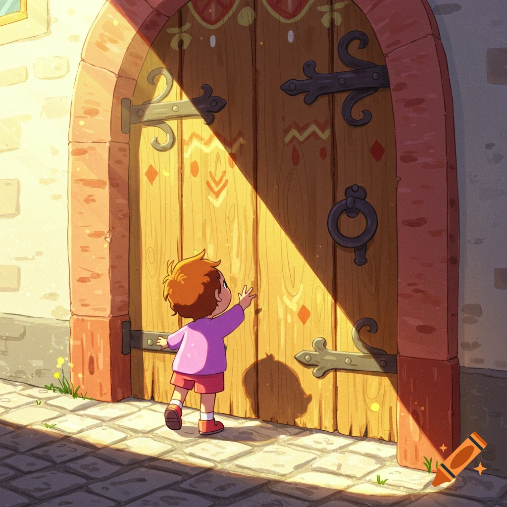 A small cartoon child reaches out to a large ornate wooden door, bathed in sunlight on a cobblestone path.