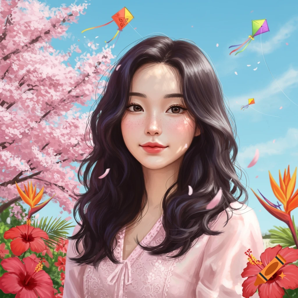 A smiling young woman with dark wavy hair in a pink top, surrounded by pink cherry blossoms, red hibiscus, and colorful kites flying in a blue sky. Digital art.