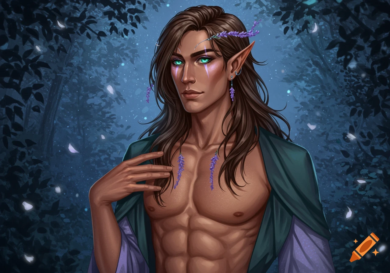 A male moon elf with long brown hair, teal eyes, and lavender accents, showing his bare chest with abs in a magical forest.