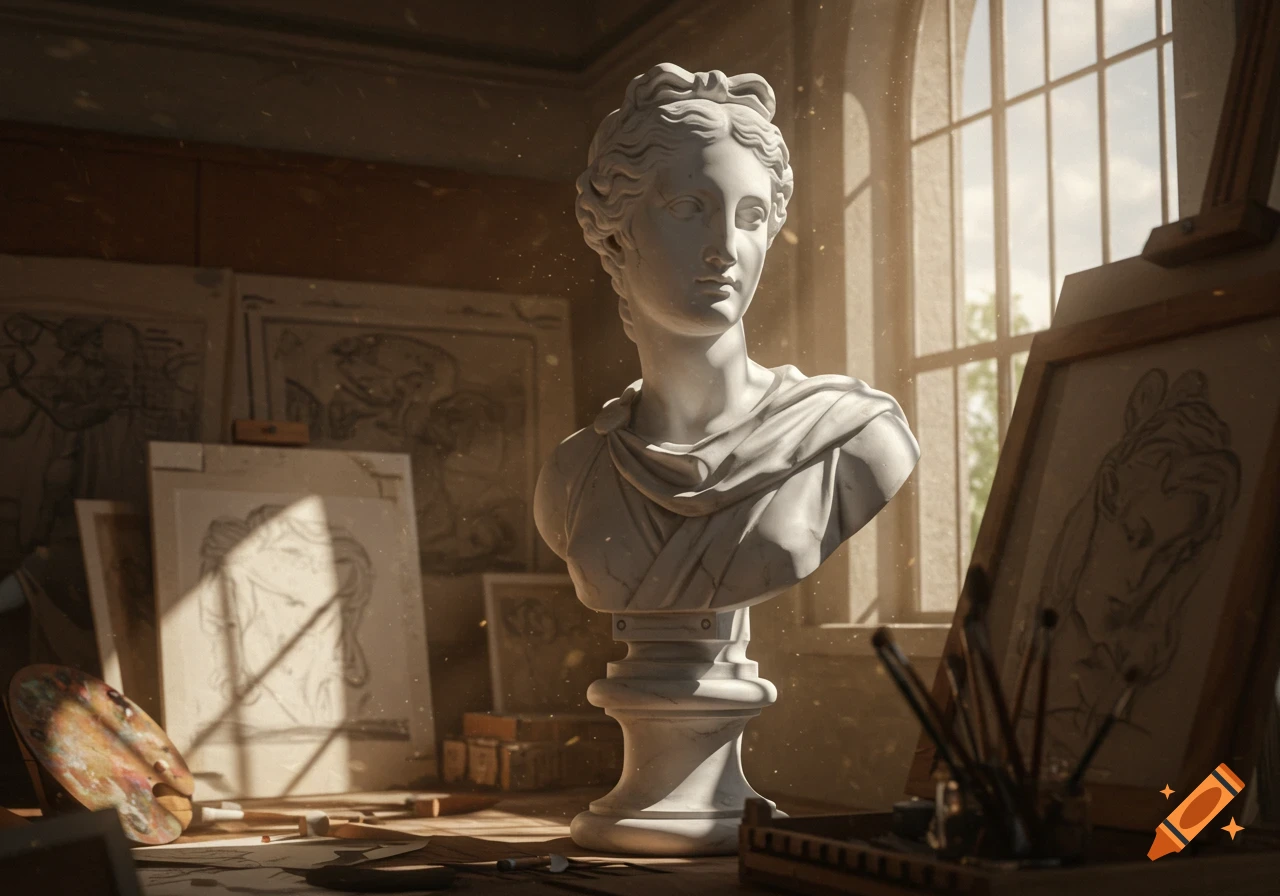 A photorealistic classical white marble bust in an artist's studio, illuminated by sunlight through a window, surrounded by sketches and art supplies.